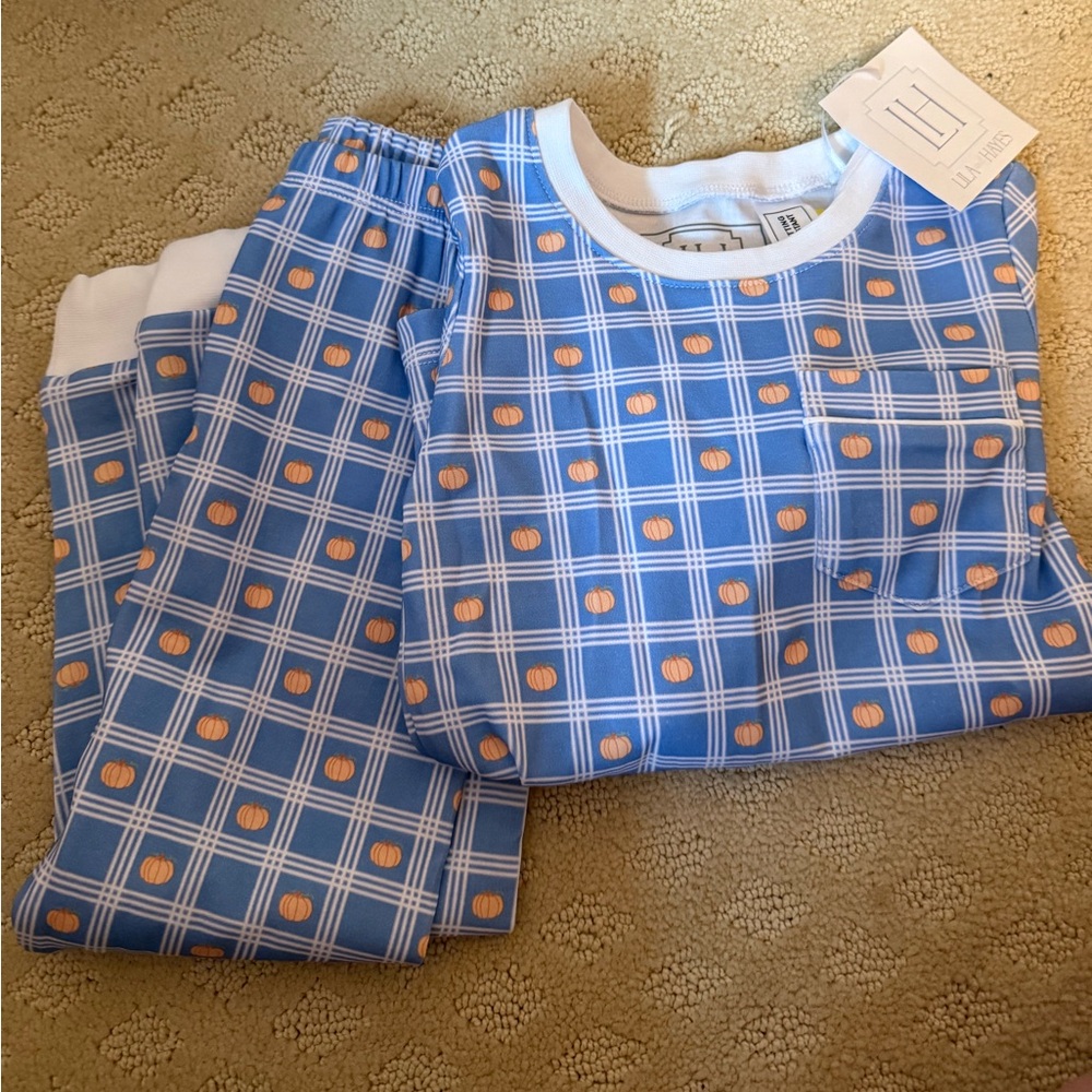Lila and Hayes Blue and Orange Pumpkin Plaid Kids Pajamas